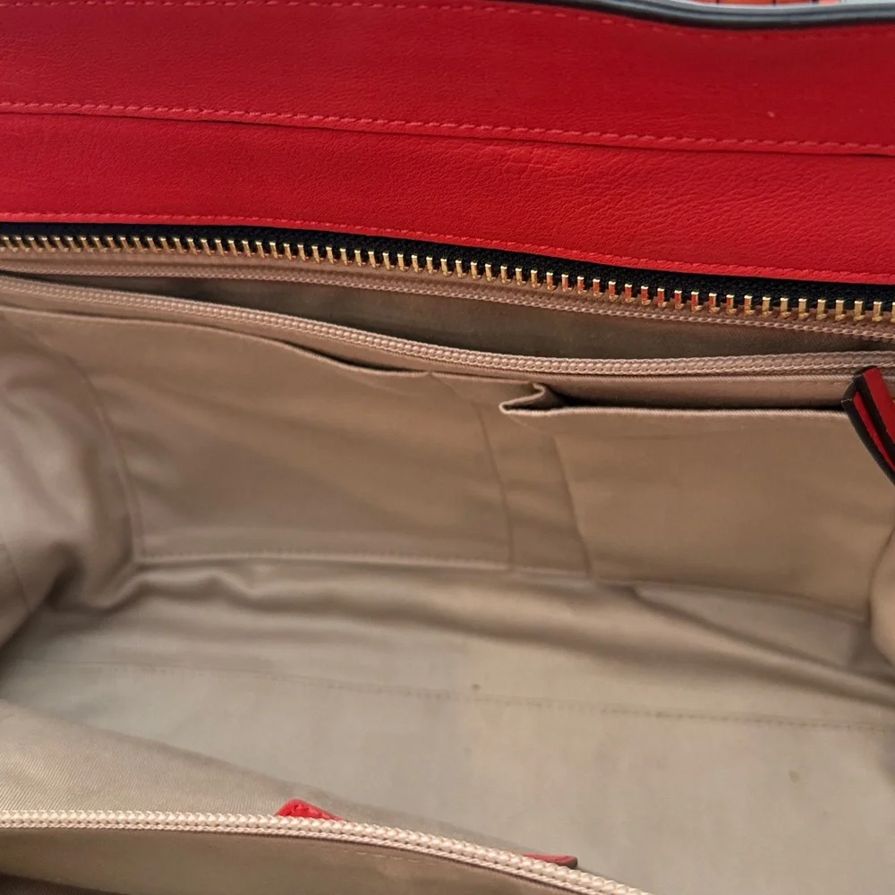 Coach Red, Navy & Tan Leather Satchel with Tassel Accents